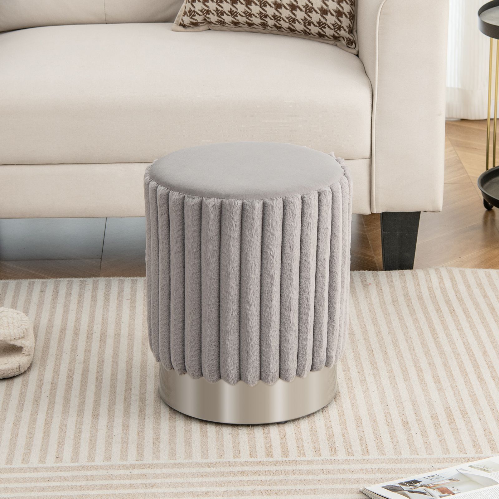 Upholstered Footrest Stool with Decorative Vertical Tufting and Heavy-duty Metal Base Grey